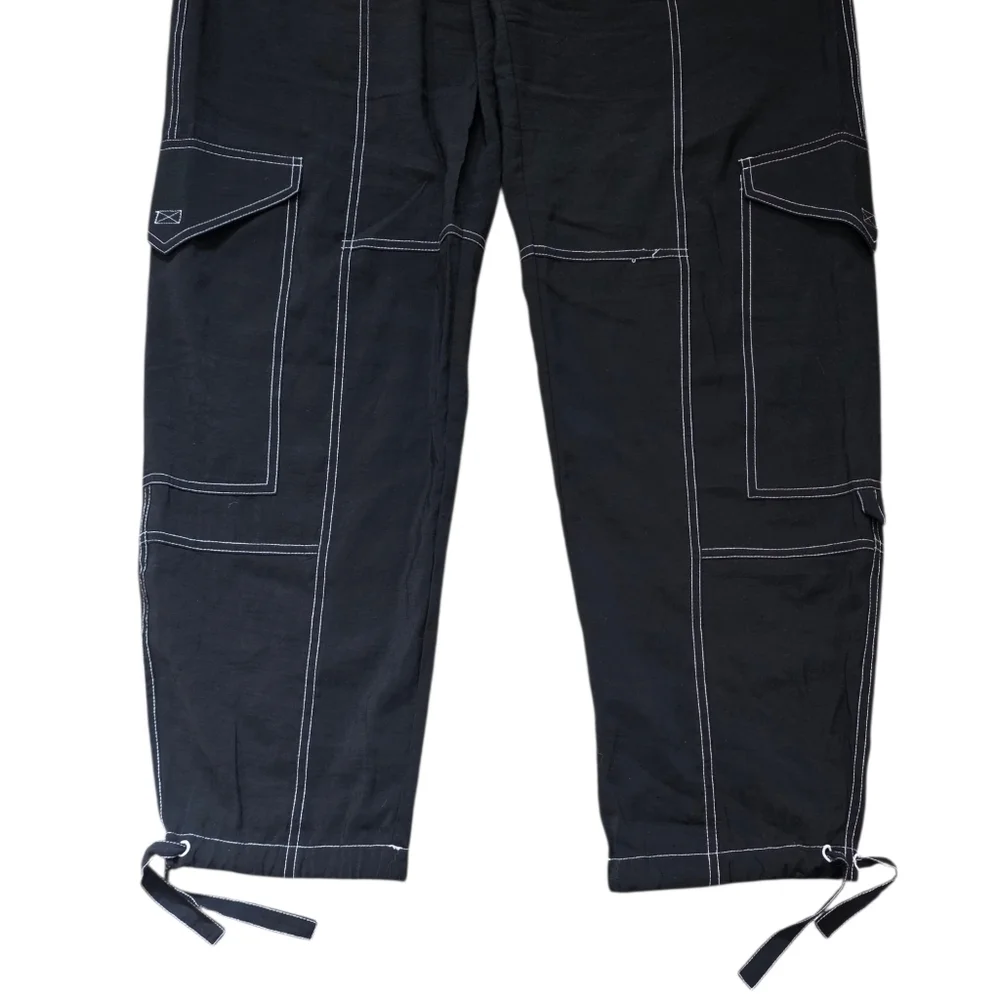 GANNI Wide Leg Cargo Pants Black with White Stitching Size 38 - Picture 6 of 11